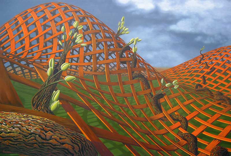Hedera Ferrugo, rusty trellis hilly landscape tulips by patricia van lubeck