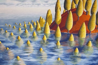 Protea madida, swimming trees, sea and island by patricia van lubeck