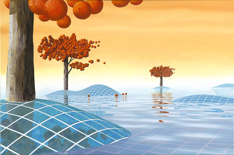 Robinia Natatalis, water surface tiled islands floor trees by patricia van lubeck