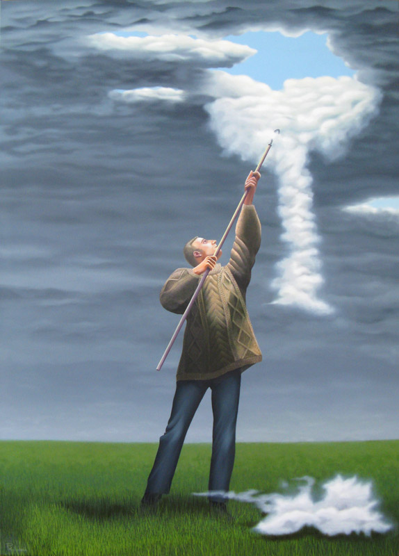 Cloud picker by patricia van lubeck, a man picking clouds out of the sky